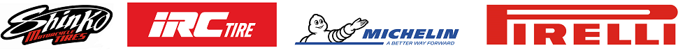 Logos for Shinko, IRC, MICHELIN, and Pirelli
